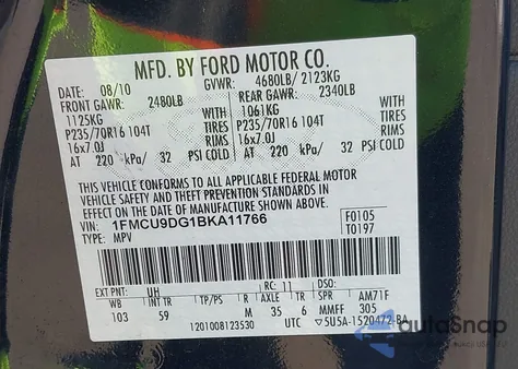 2011 Ford Escape Xlt из США, поврежденный, VIN 1FMCU9DG1BKA11766